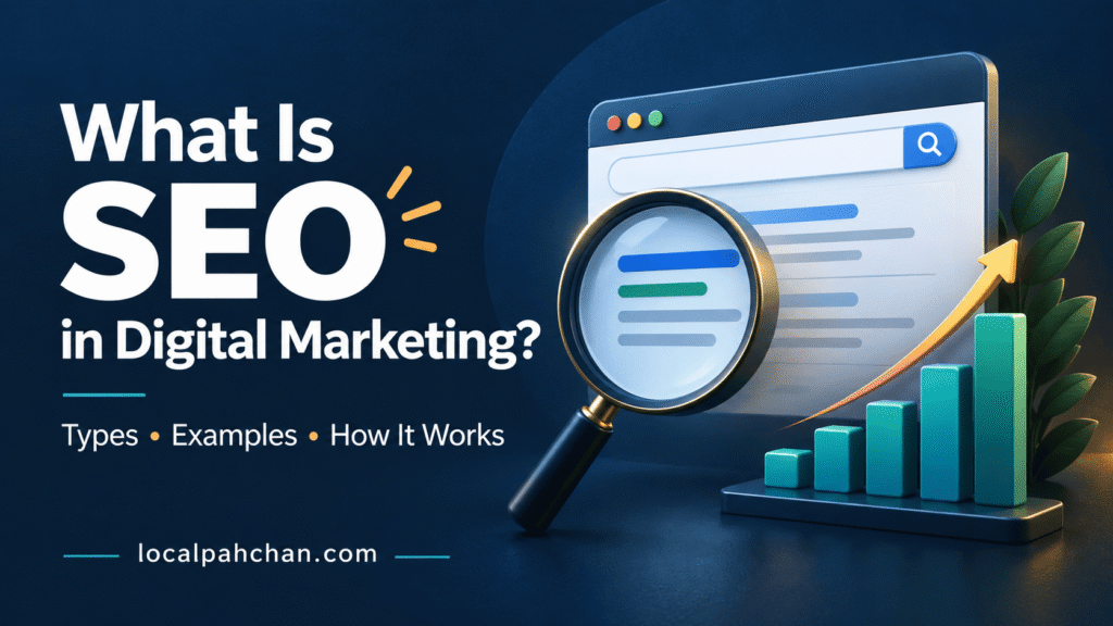 SEO in digital marketing illustrated with a search results page, magnifying glass, and growth chart — Local Pahchan